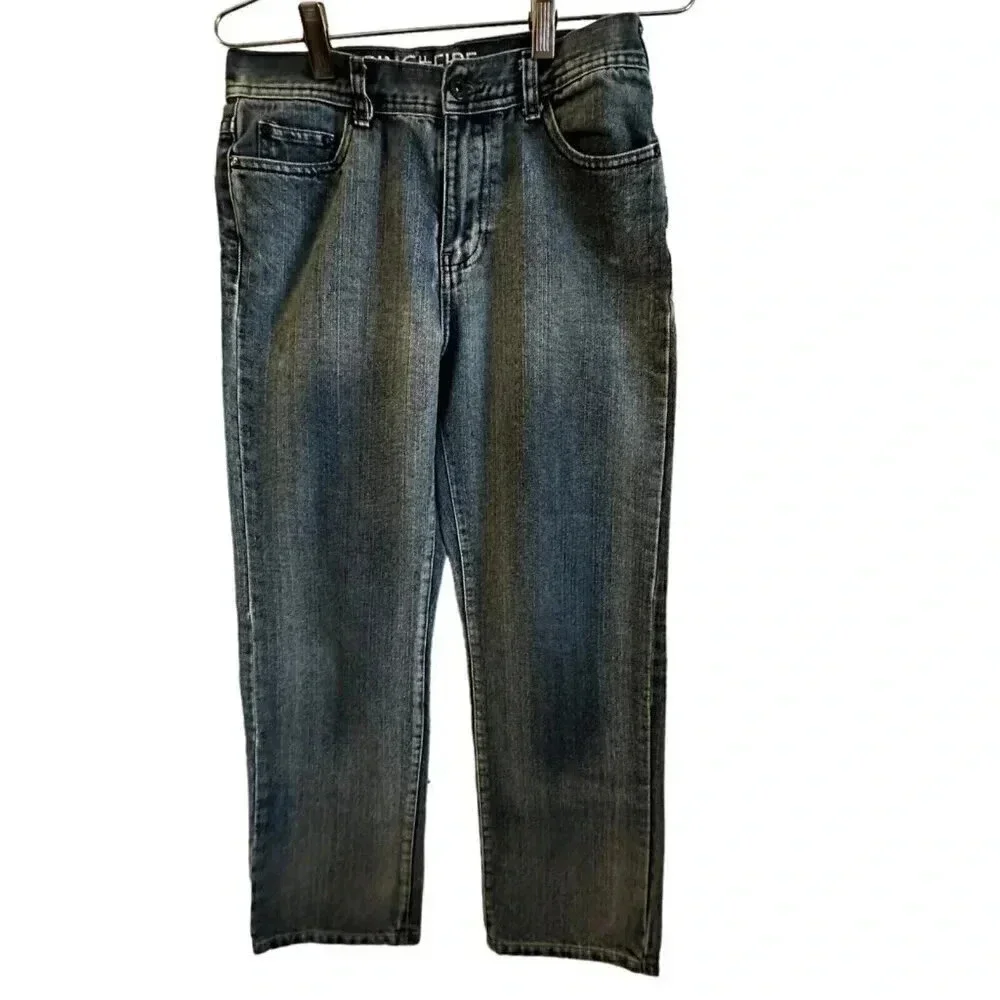 Ring Of Fire Jeans Boy Teen 18 Blue Denim Distress Straight Leg W27 L27 med wash - Picture 1 of 14